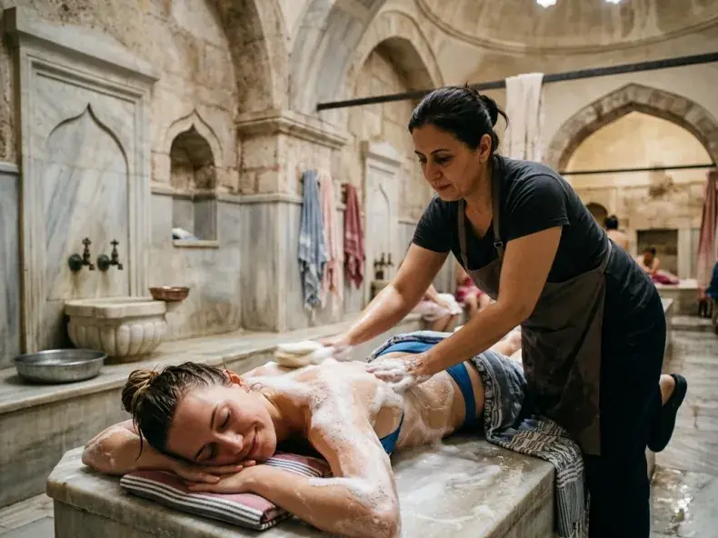 Osoba z obsługi wykonuje gościowi peeling kese na ciepłym marmurze